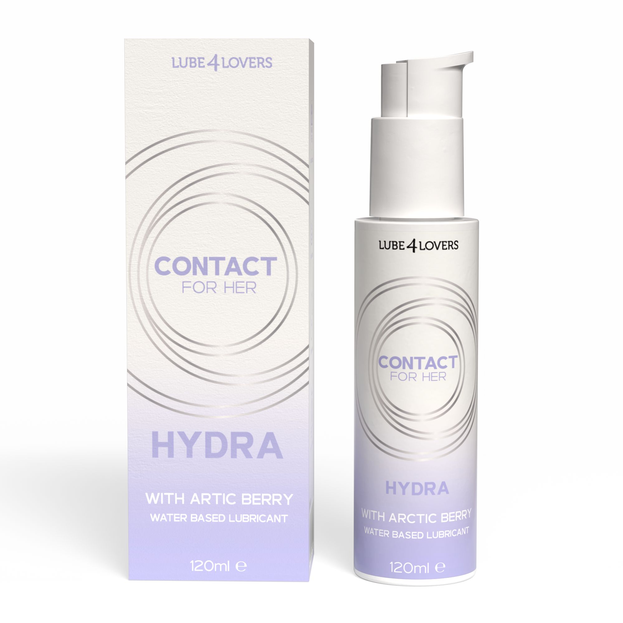 Flacone bianco con pompa e scatola. Scritta: CONTACT FOR HER, HYDRA, con Arctic Berry. 120ml.
