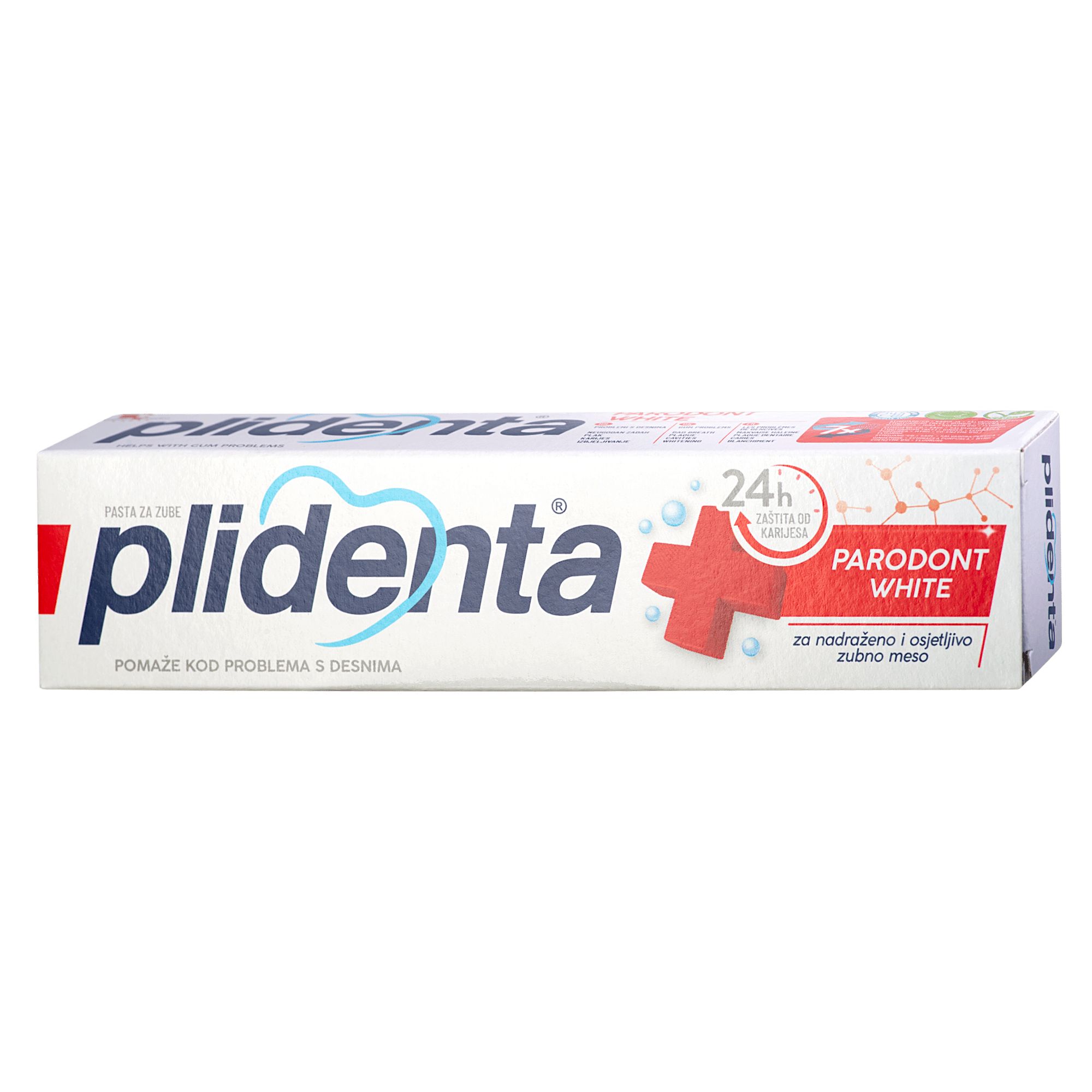 Scatola di dentifricio bianca con logo blu e croce rossa. Testo: Plidenta, Parodont White. Aiuta con i problemi gengivali.