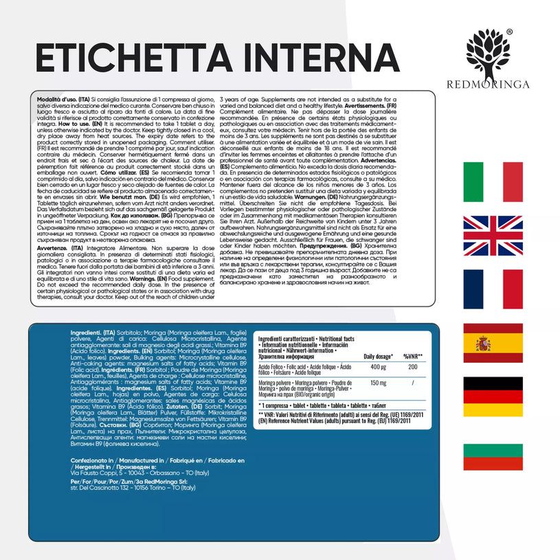 Ingredienti e istruzioni per l'uso. Bandiere di Italia, Regno Unito, Francia, Spagna, Germania, Portogallo.