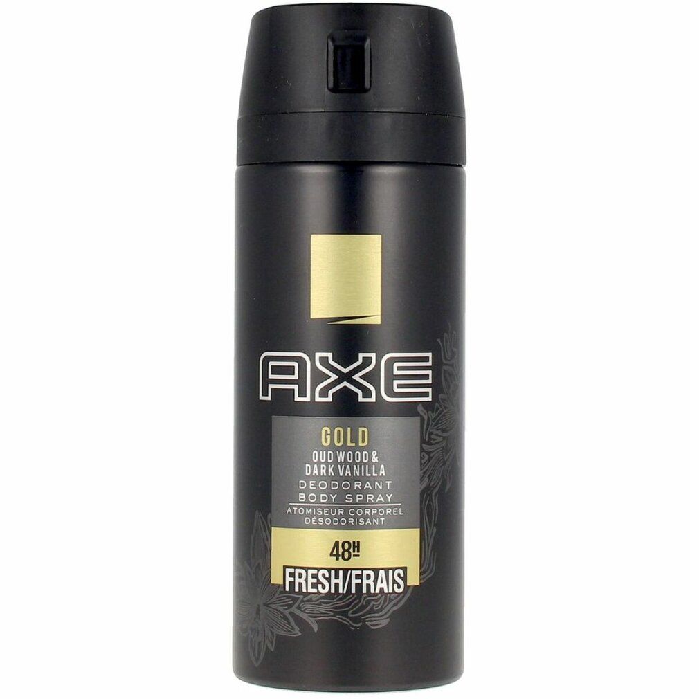 Spray deodorante nero con dettagli dorati. Testo: AXE GOLD, Oud Wood & Dark Vanilla, 48h Fresh/Frais.