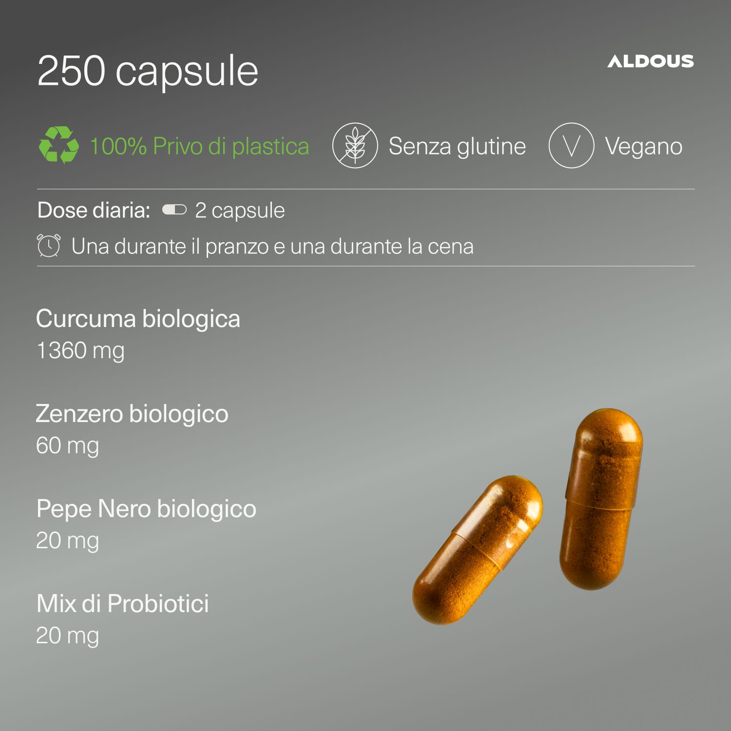 Capsule Aldous Curcuma: 250 pezzi, bio, vegane, senza glutine, senza plastica.