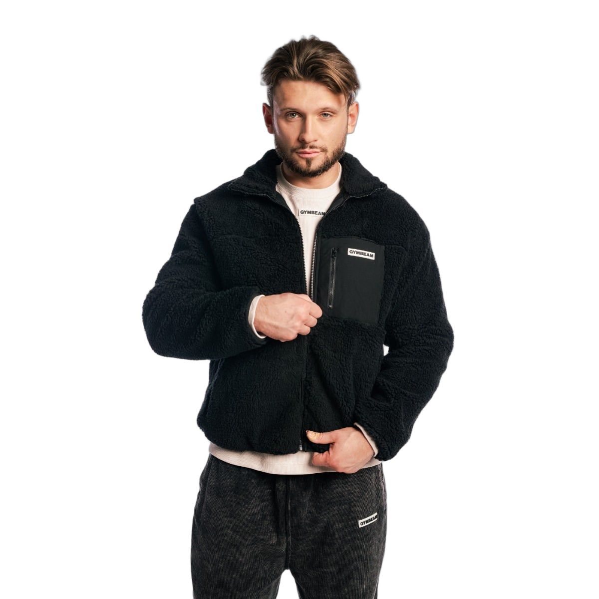 GymBeam Giacca Sherpa uomo oversize con zip Black