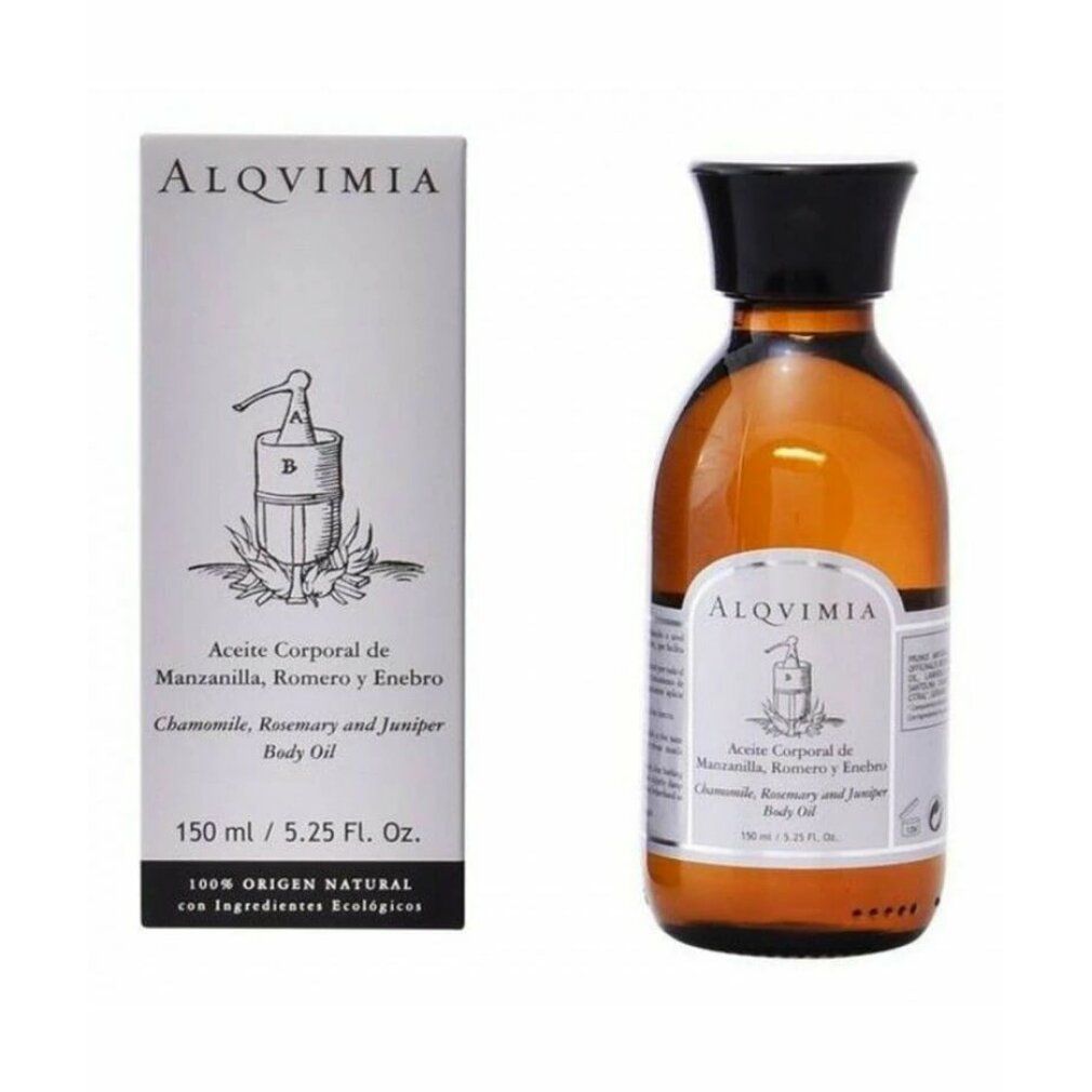 Flacone in vetro marrone e scatola. Scritta: Alqvimia, Aceite Corporal, Manzanilla, Romero y Enebro. 150 ml / 5.25 Fl. Oz. 100% Origin Natural.