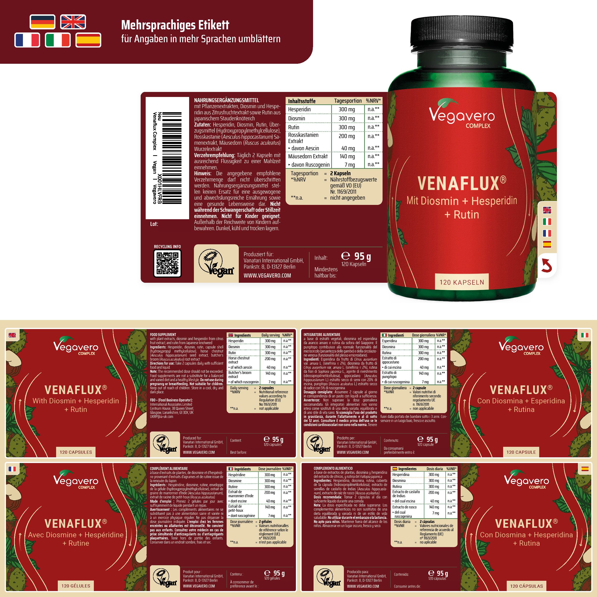 Flacone e etichette con informazioni multilingue. Sigillo vegano.