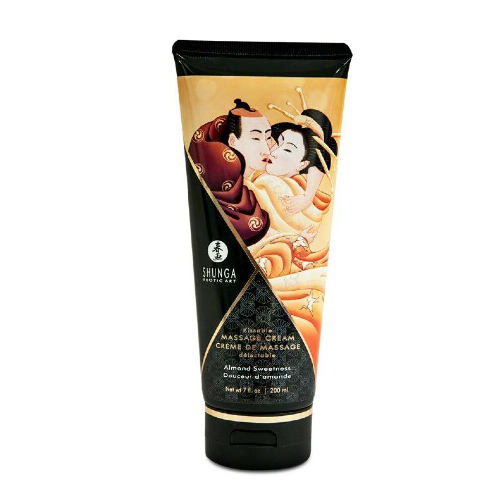 Tubo di crema per massaggio. Tappo nero, corpo dorato con illustrazione. Testo: SHUNGA, Massage Cream, Almond Sweetness.