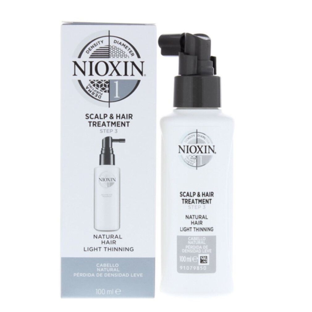 Flacone bianco con erogatore nero e scatola. Scritta: Nioxin, Scalp & Hair Treatment, Natural Hair, Light Thinning.