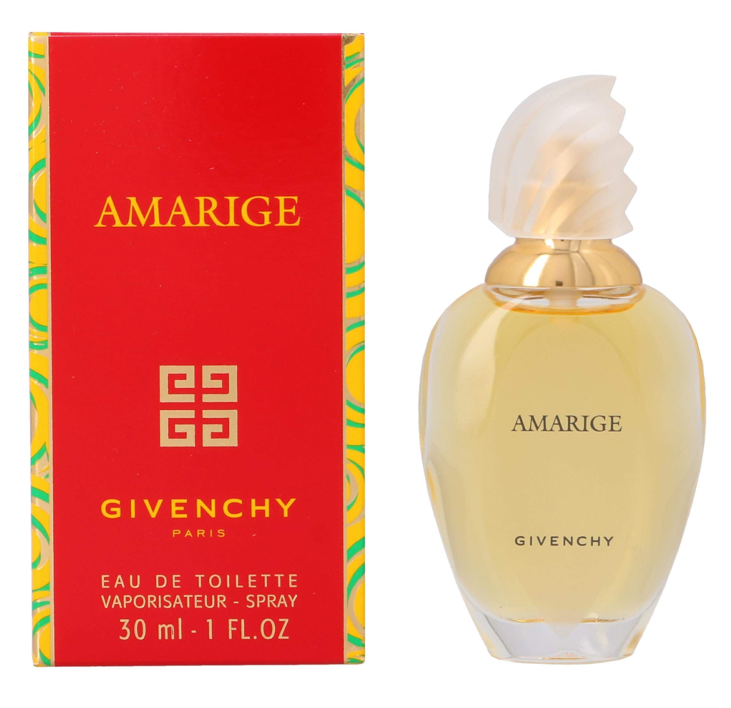 Confezione rossa e flacone. Flacone con liquido giallo, tappo bianco e decorazione dorata. Scritta: AMARIGE, GIVENCHY.