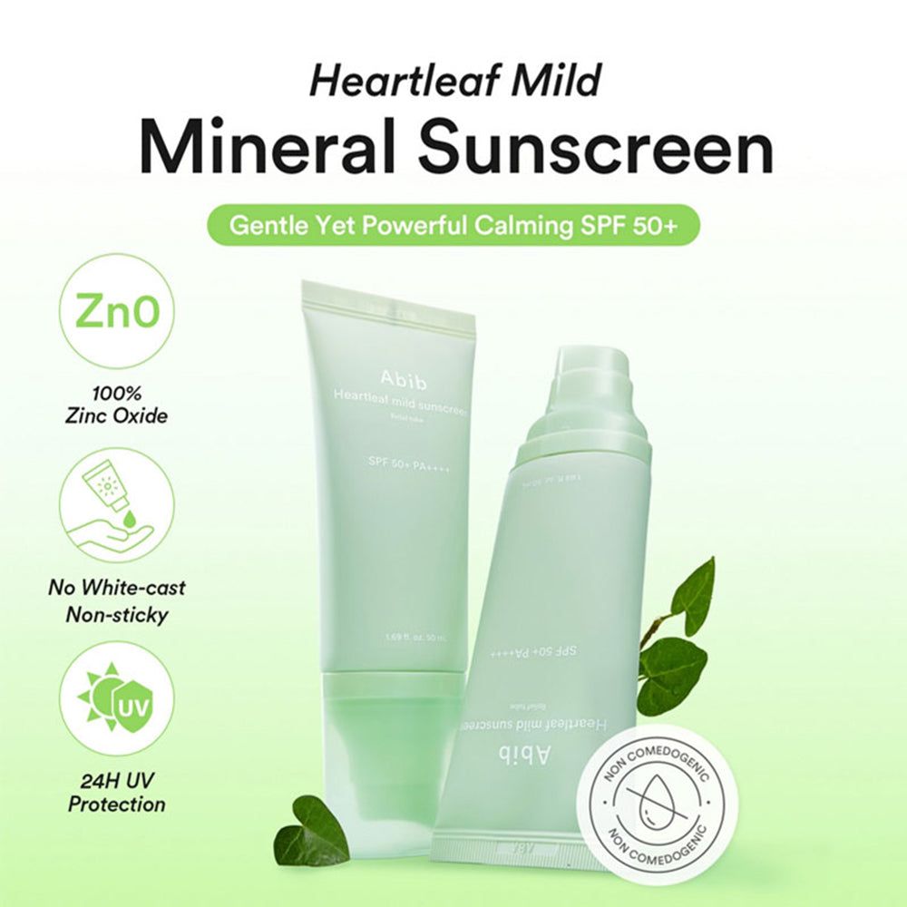 Due tubetti di protezione solare Abib: Heartleaf Mild Mineral Sunscreen e un altro. Con ZnO e protezione UV 24h.