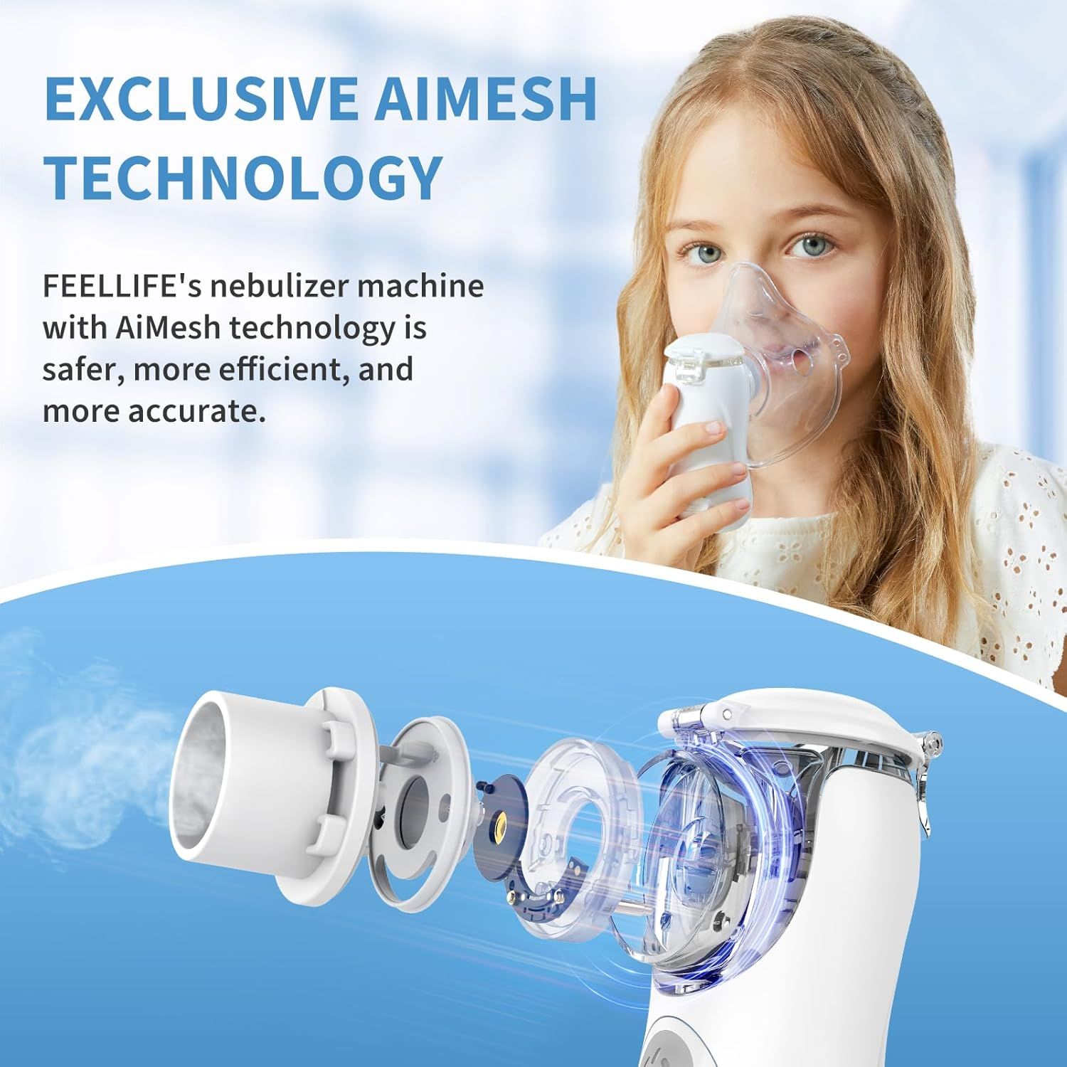 Bambina con maschera, inalatore. Testo: EXCLUSIVE AIMESH TECHNOLOGY. Inalatore FEELLIFE con tecnologia AiMesh.