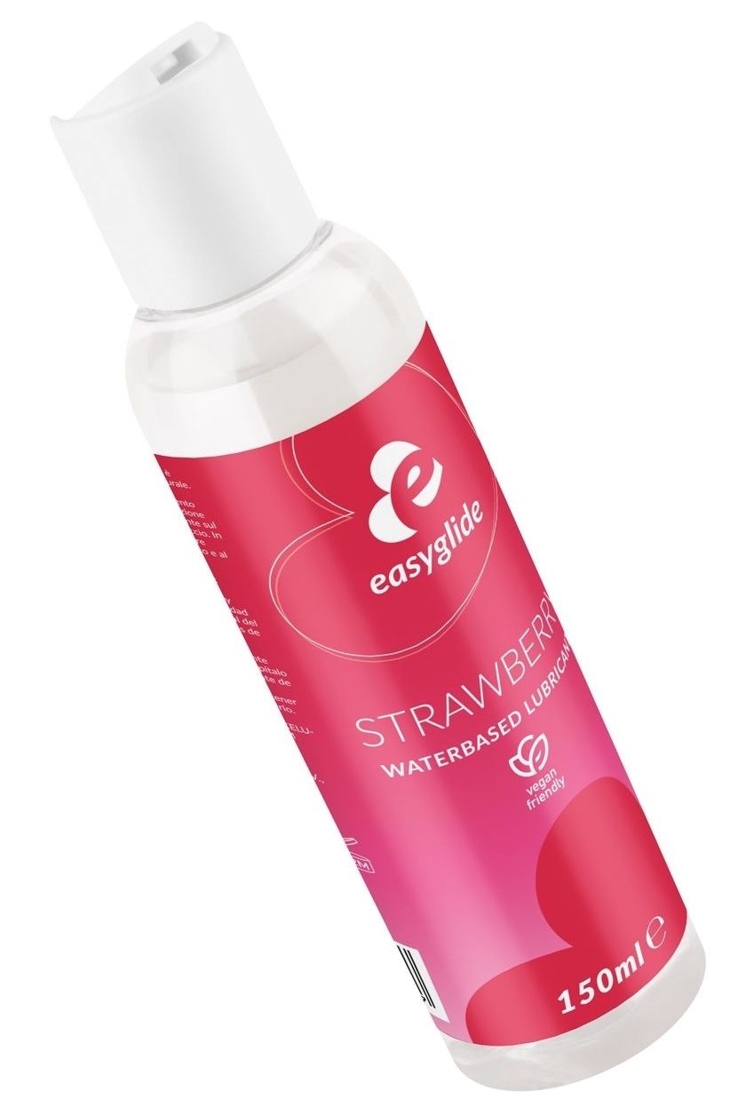 Vista obliqua di un flacone con tappo bianco. Etichetta con "easyglide", fragola e cuori. Visibile "150ml".