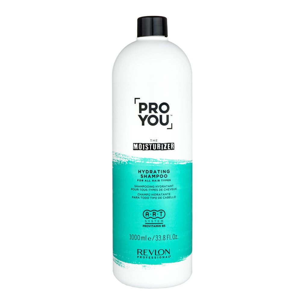 Flacone bianco, tappo nero. Scritta: PRO YOU, THE MOISTURIZER, HYDRATING SHAMPOO. Striscia turchese. Revlon Professional.