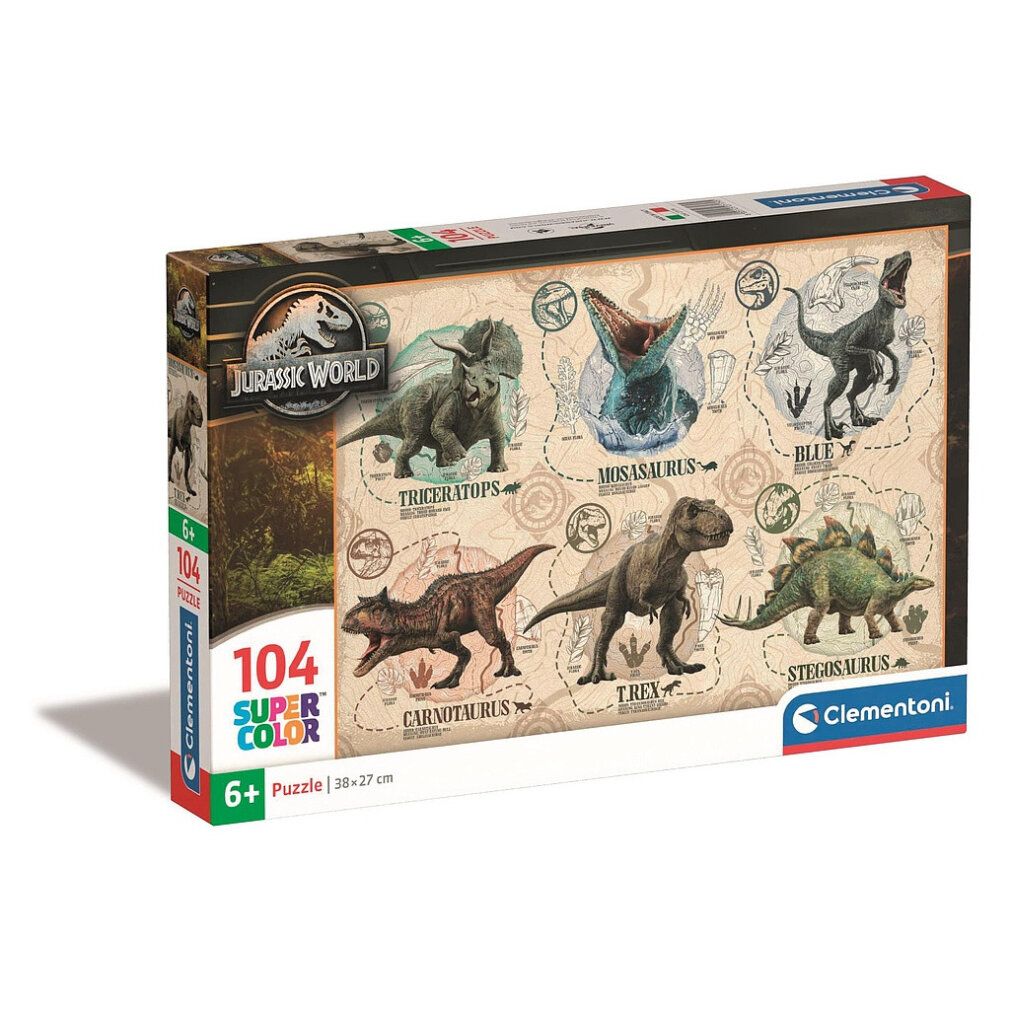 Clementoni Puzzle Jurassic World, 104 pezzi. Confezione con motivo puzzle. Logo e informazioni sul prodotto.