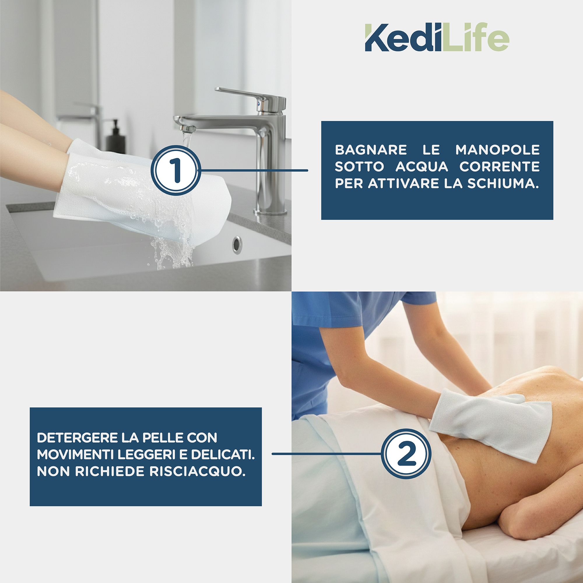 Esempi di utilizzo dei guanti lavamani monouso. Inumidire il guanto sotto l'acqua corrente. Pulire la pelle. Marchio: KediLife.