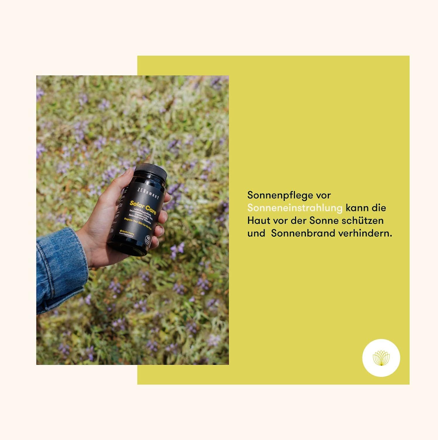 Mano che tiene un barattolo nero di capsule Solar Care. Testo: La protezione solare prima dell'esposizione può proteggere la pelle.