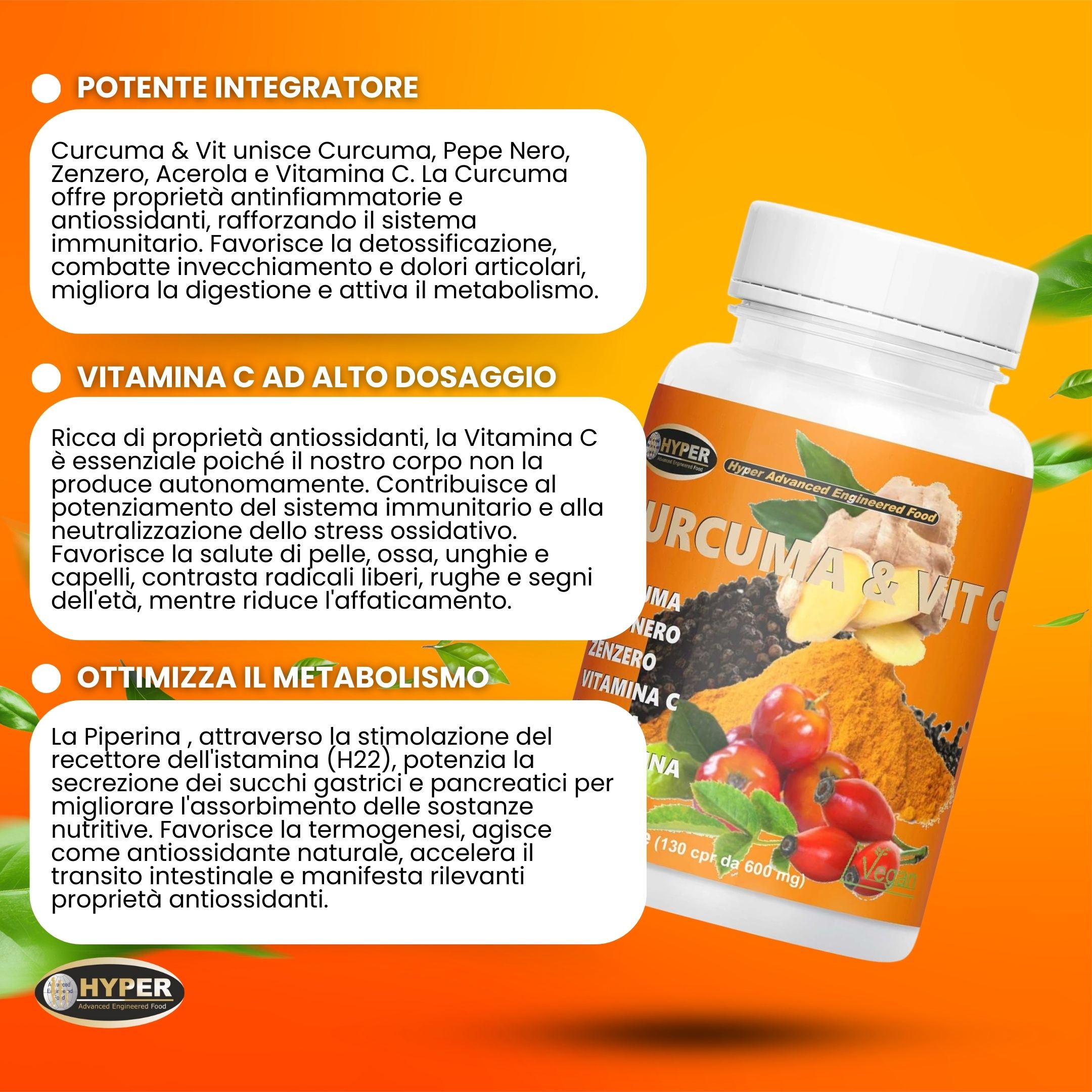Flacone bianco di compresse con testo. Testo: Curcuma & Vit C. Vantaggi e ingredienti elencati.