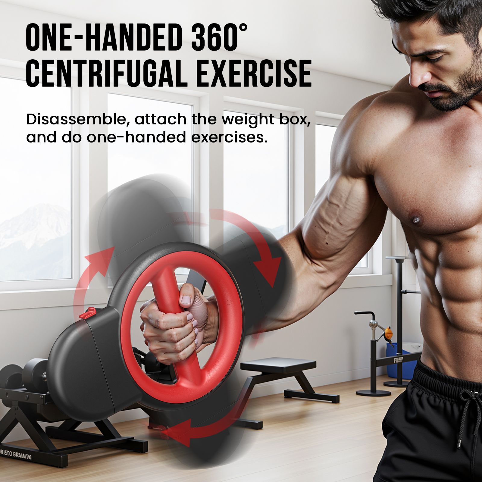 Dispositivo nero e rosso per braccia e petto. Una persona si allena con il dispositivo. Frecce rosse indicano il movimento.