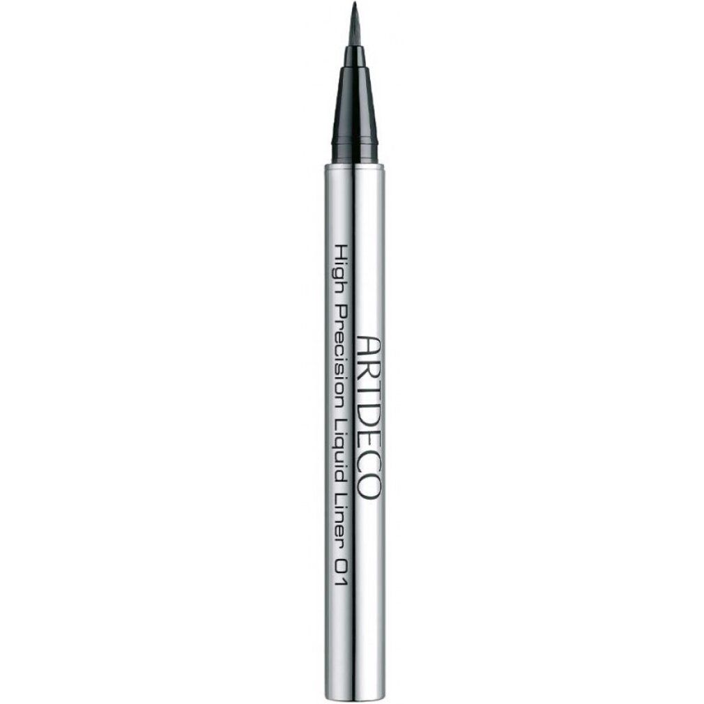 Eyeliner nero con astuccio argentato. Scritta: ARTDECO, High Precision Liquid Liner 01.
