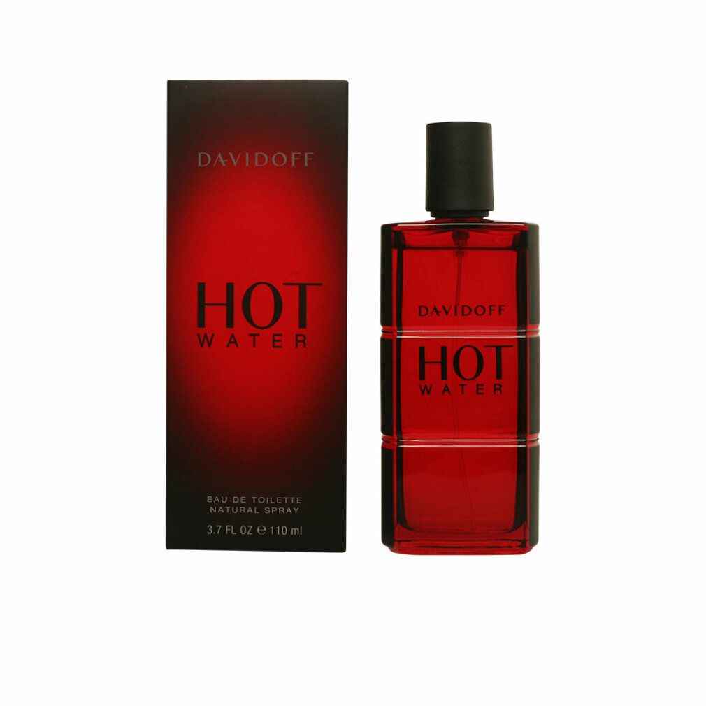 Davidoff Hot Water Eau de Toilette Spray e confezione. Flacone rosso e scatola con scritta nera. Flacone con vaporizzatore.