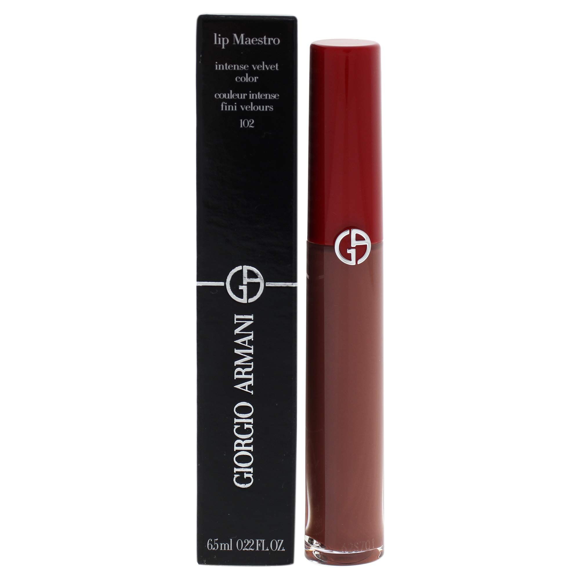 Rossetto con confezione nera. Scritta: Giorgio Armani, Lip Maestro, intense velvet color. Tappo rosso, colore marrone.