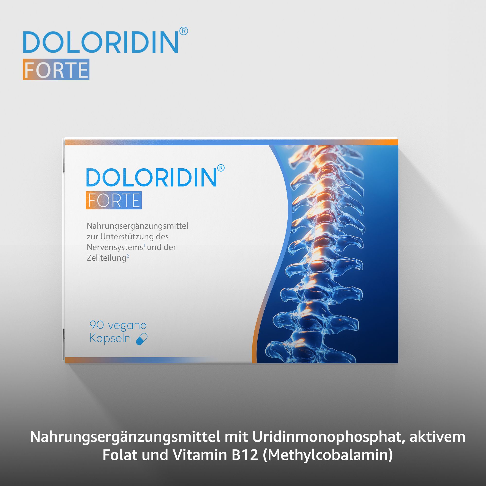 Scatola bianca con Doloridin Forte. Scritta: Integratore alimentare. 90 capsule vegane. Rappresentazione dello scheletro della colonna vertebrale.