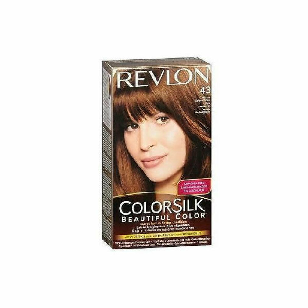Confezione Revlon Colorsilk 43 Medium Golden Brown. Immagine di donna con capelli castani. Vista angolata.