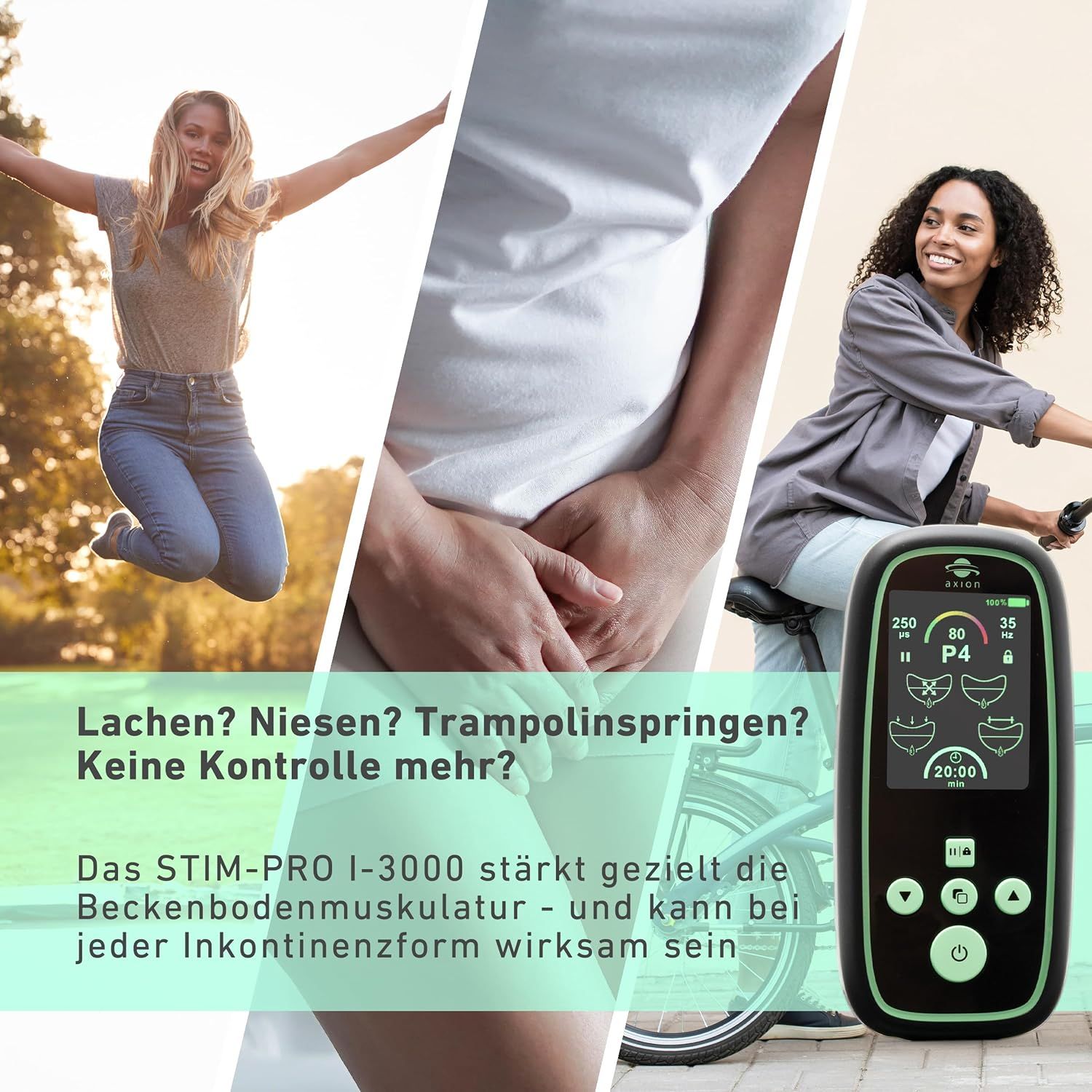 Dispositivo per pavimento pelvico axion® I-3000. Donne ridono, starnutiscono, saltano. Testo: Nessun controllo?
