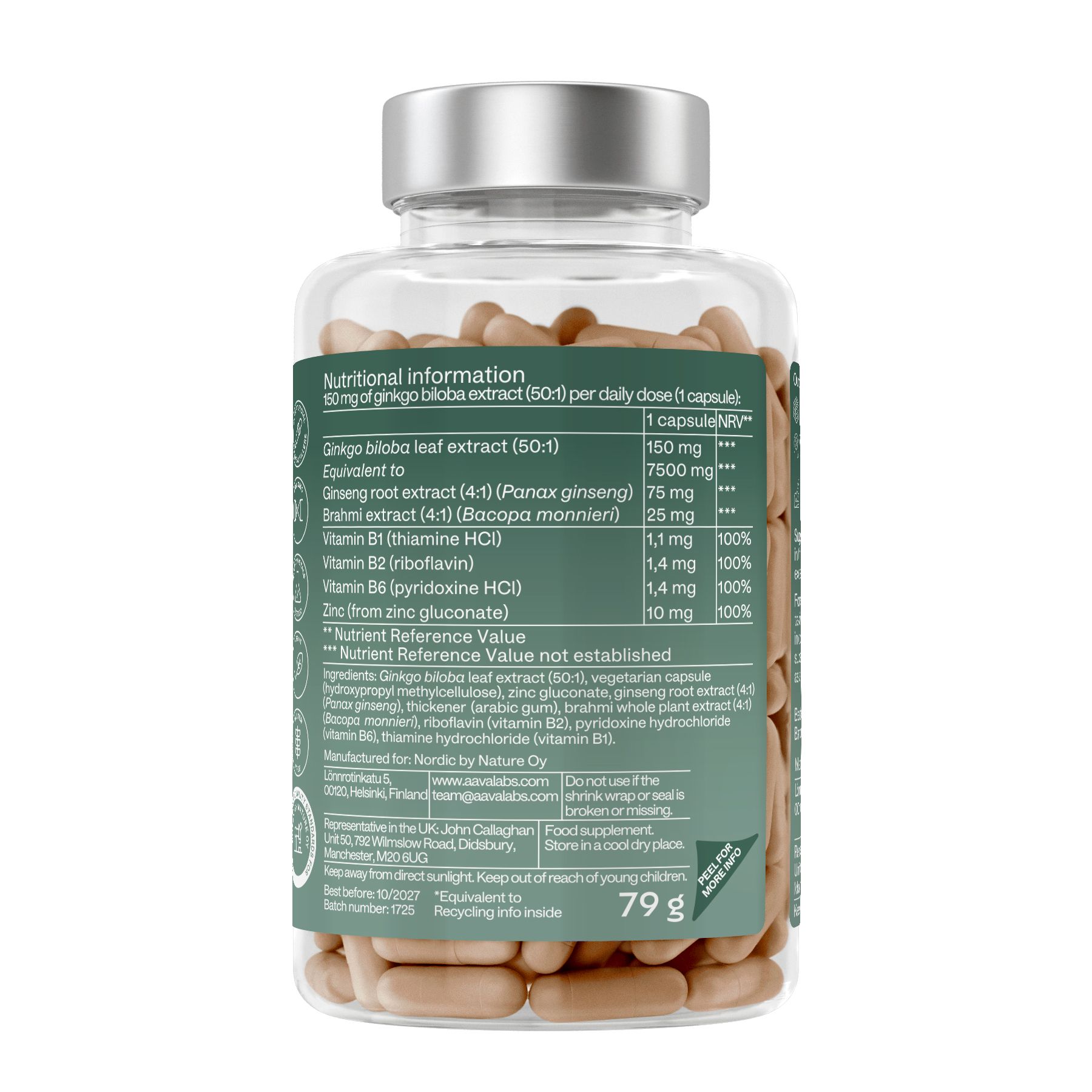 Retro delle capsule Aavalabs Ginkgo Biloba. Informazioni nutrizionali. 79g. Ingredienti: Ginkgo, Ginseng, Bacopa, Vitamine, Zinco. Prodotto in Finlandia.
