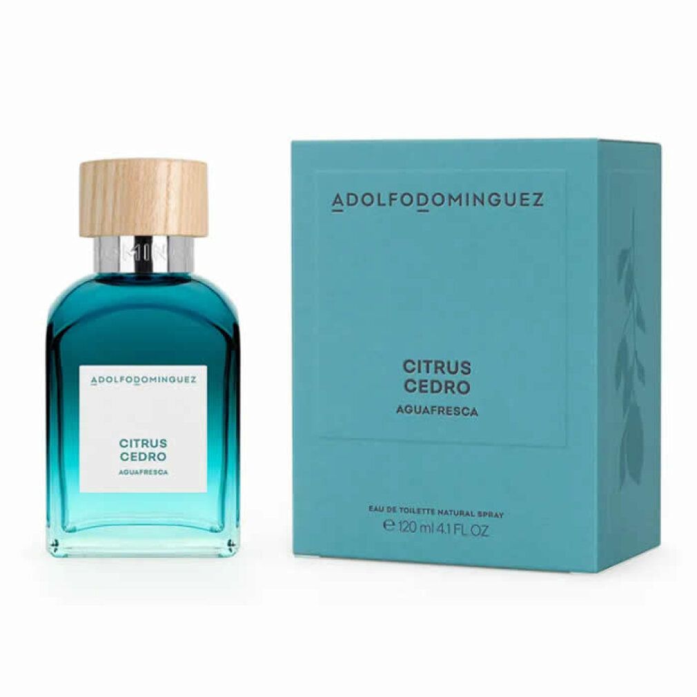 Flacone e scatola turchese. Scritta: ADOLFO DOMINGUEZ, CITRUS CEDRO, AQUAFRESCA, 120ml.