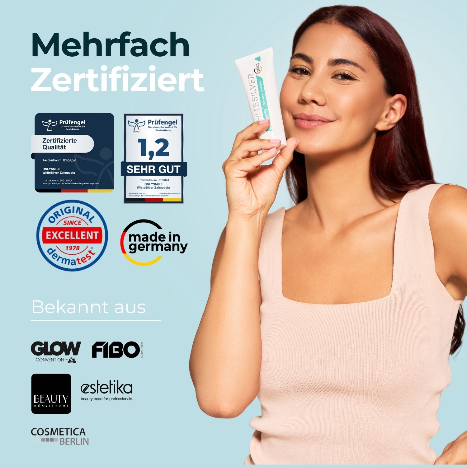 Donna che tiene in mano un tubetto di dentifricio. Dentifricio WhiterSilver. Sigilli: Prüfgel, Dermatest, Made in Germany. Conosciuto da: GLOW, FIBO, BEAUTY, estelika, cosmetica.