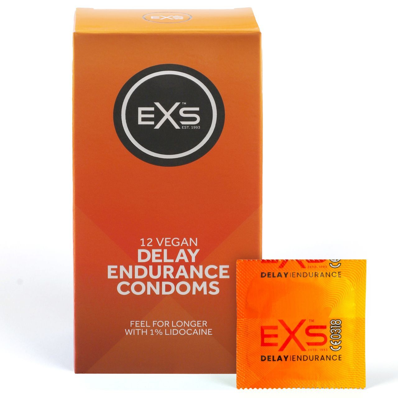 Confezione e confezione singola di preservativi vegani EXS Delay Endurance.