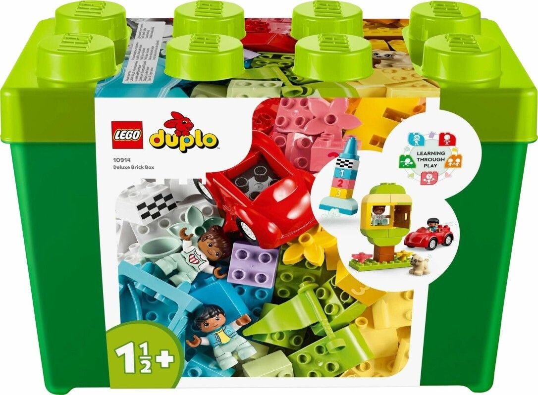 Scatola di mattoncini Deluxe LEGO DUPLO. Scatola verde con coperchio, piena di mattoncini, personaggi e accessori. Idee di gioco.