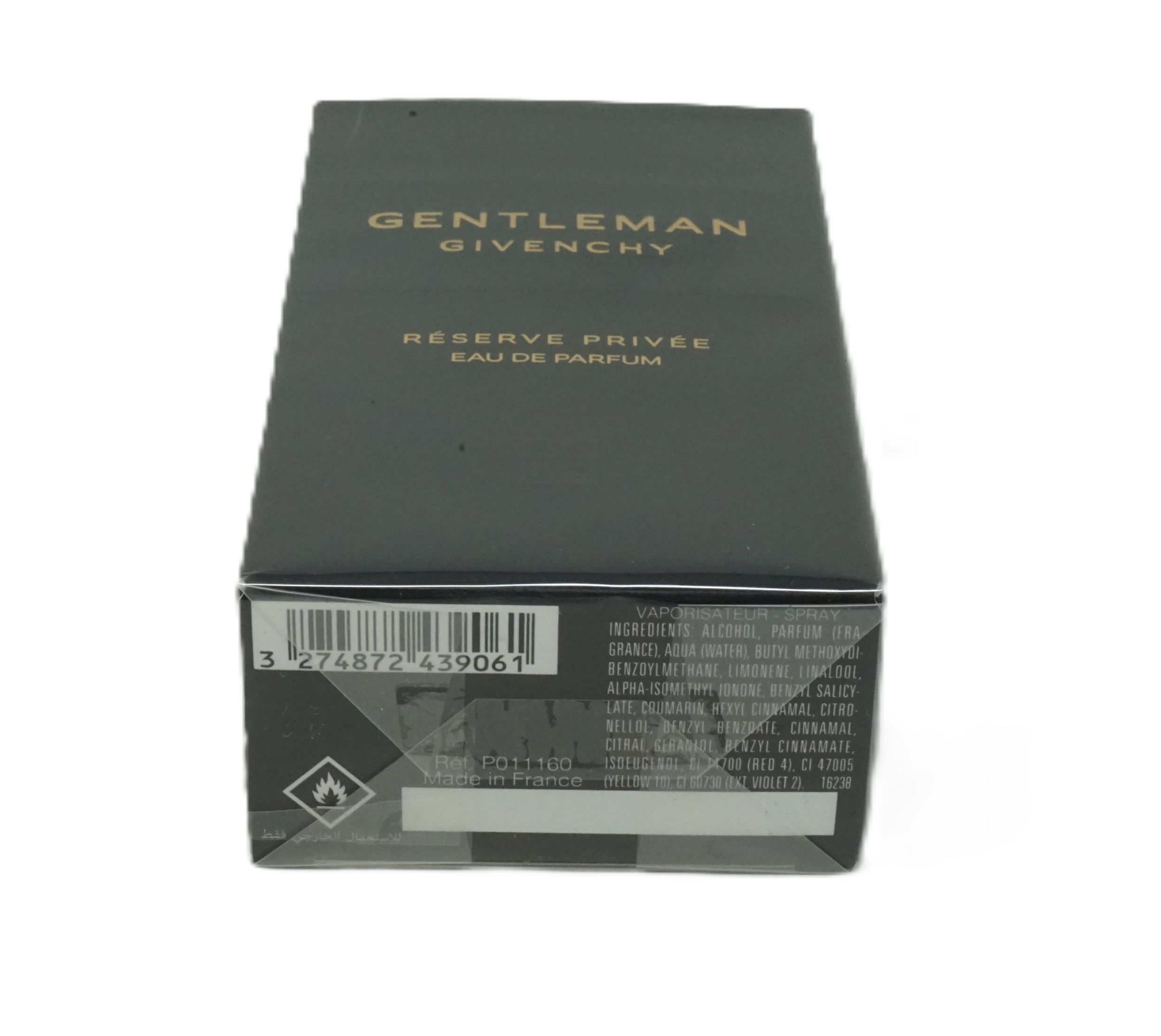 Confezione verde scuro con scritta dorata GIVENCHY GENTLEMAN RESERVE PRIVEE. Codice a barre e ingredienti.