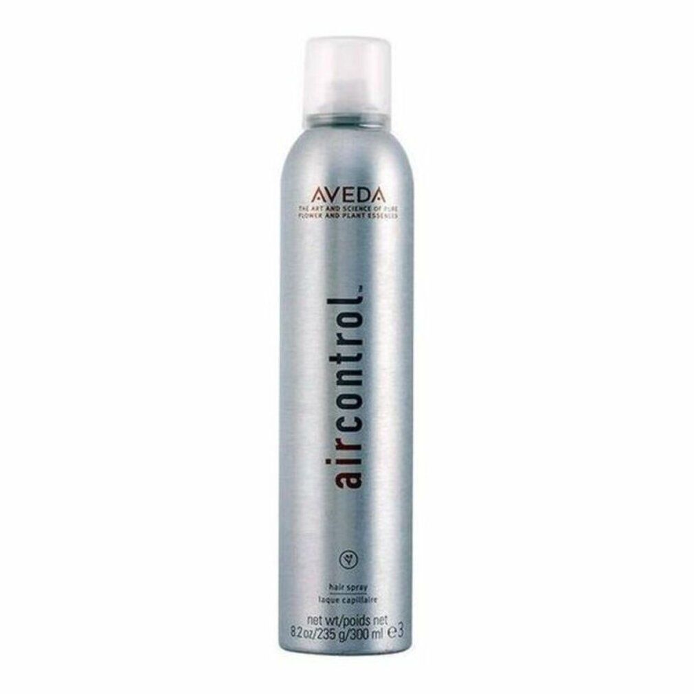 Bomboletta spray per capelli argentata con tappo bianco. Scritta: Aveda, air control. Testo: hair spray, laque capillaire, net wt/poids net 8.2 oz/235 g/300 ml e.
