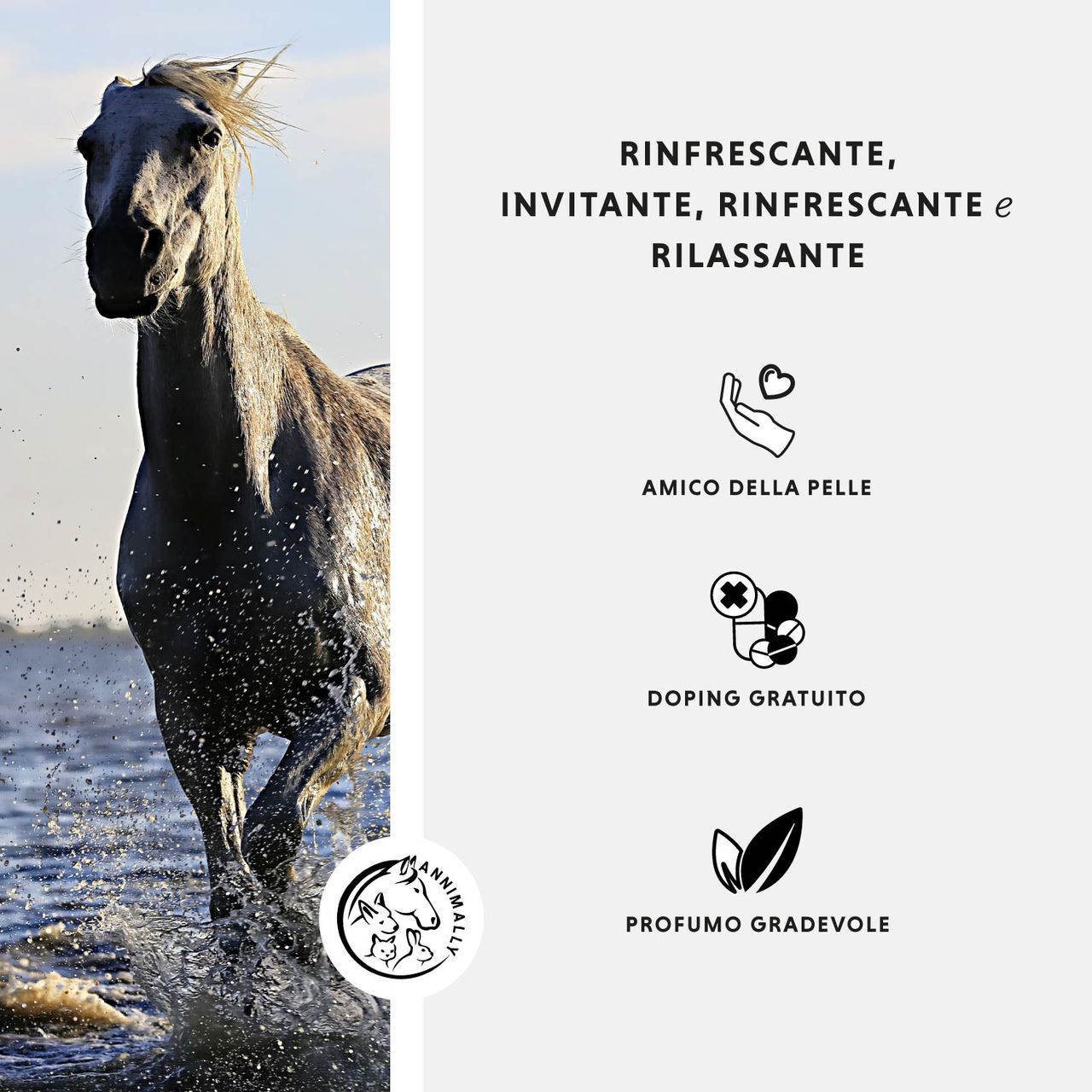 Cavallo nell'acqua. Logo. Testo: Rinfrescante, invitante, rinfrescante e rilassante. Icone: Amico della pelle, doping gratuito, profumo gradevole.