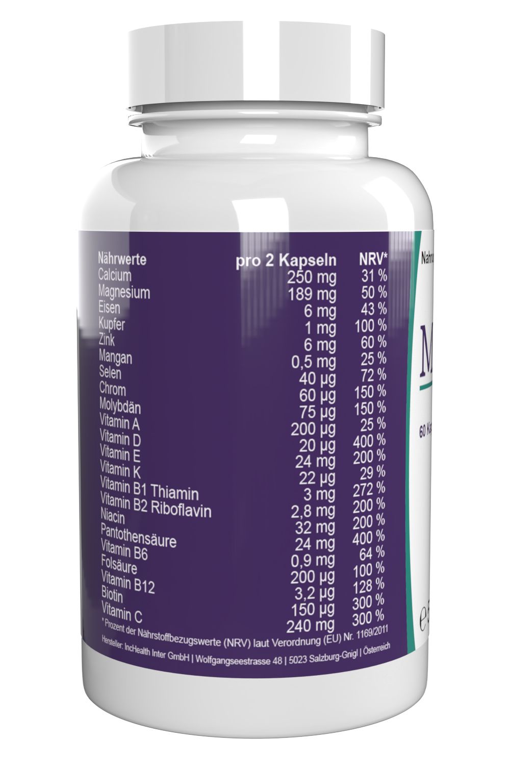 Flacone bianco con etichetta Metonil. Contiene 60 capsule. Tabella nutrizionale con vitamine e minerali.