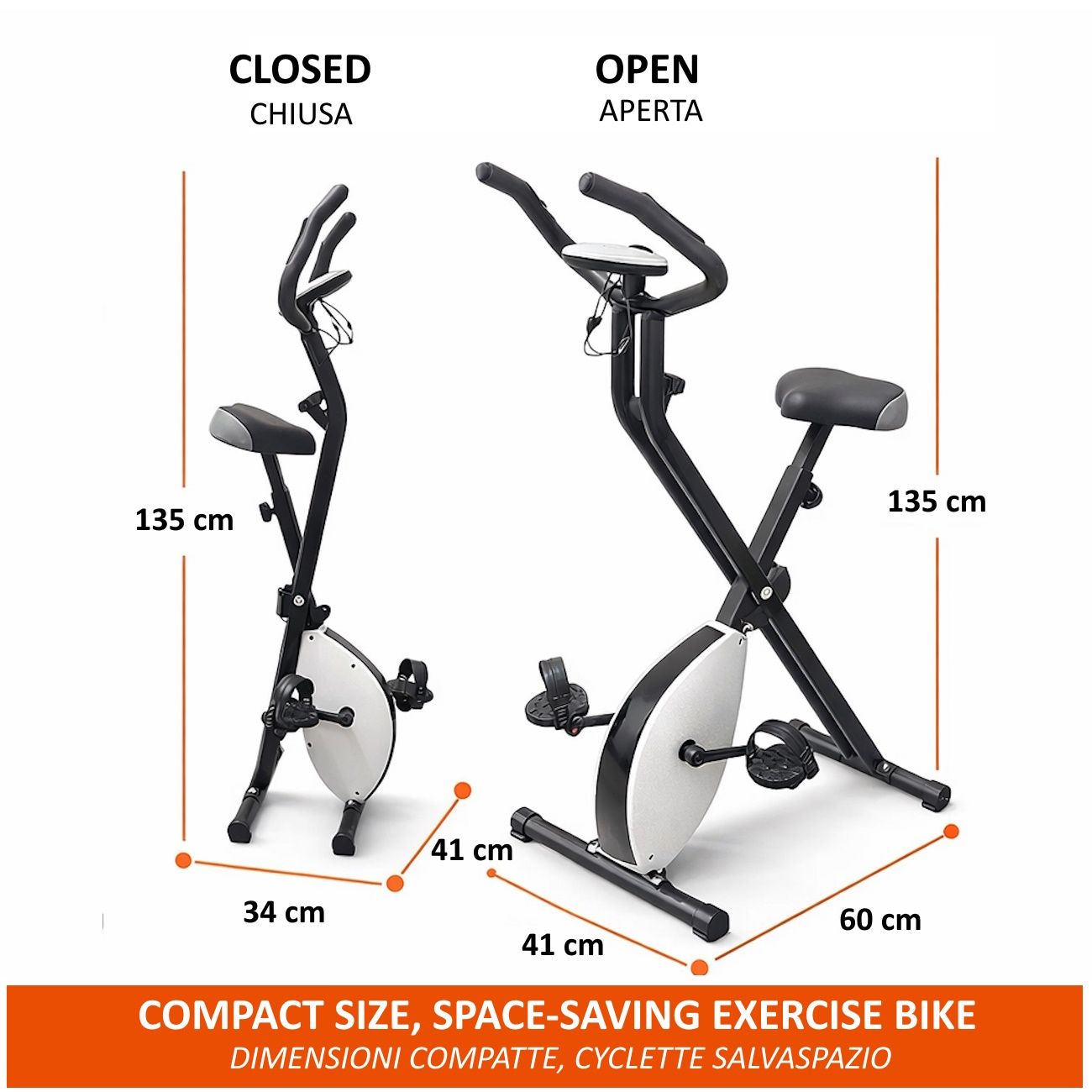 Cylette in posizione aperta e chiusa. Telaio nero, elemento bianco. Dimensioni indicate.