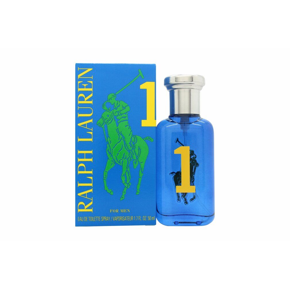 Flacone e scatola di profumo blu. Numero 1 giallo. Logo Polo verde. Testo: RALPH LAUREN, FOR MEN.