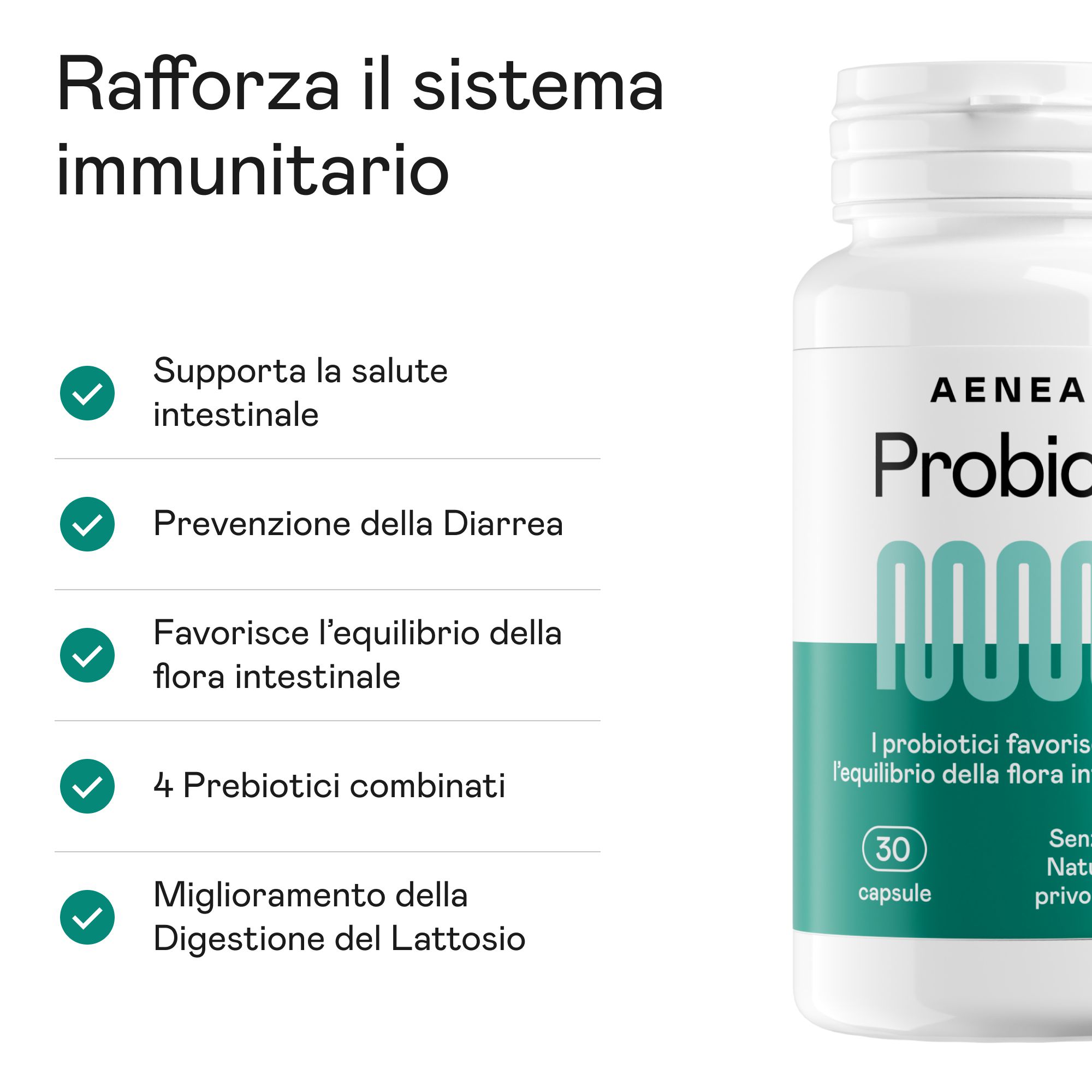 Flacone bianco Aenea Probio+. Testo: Supporta la salute intestinale, previene la diarrea, favorisce la flora intestinale, 4 prebiotici combinati.