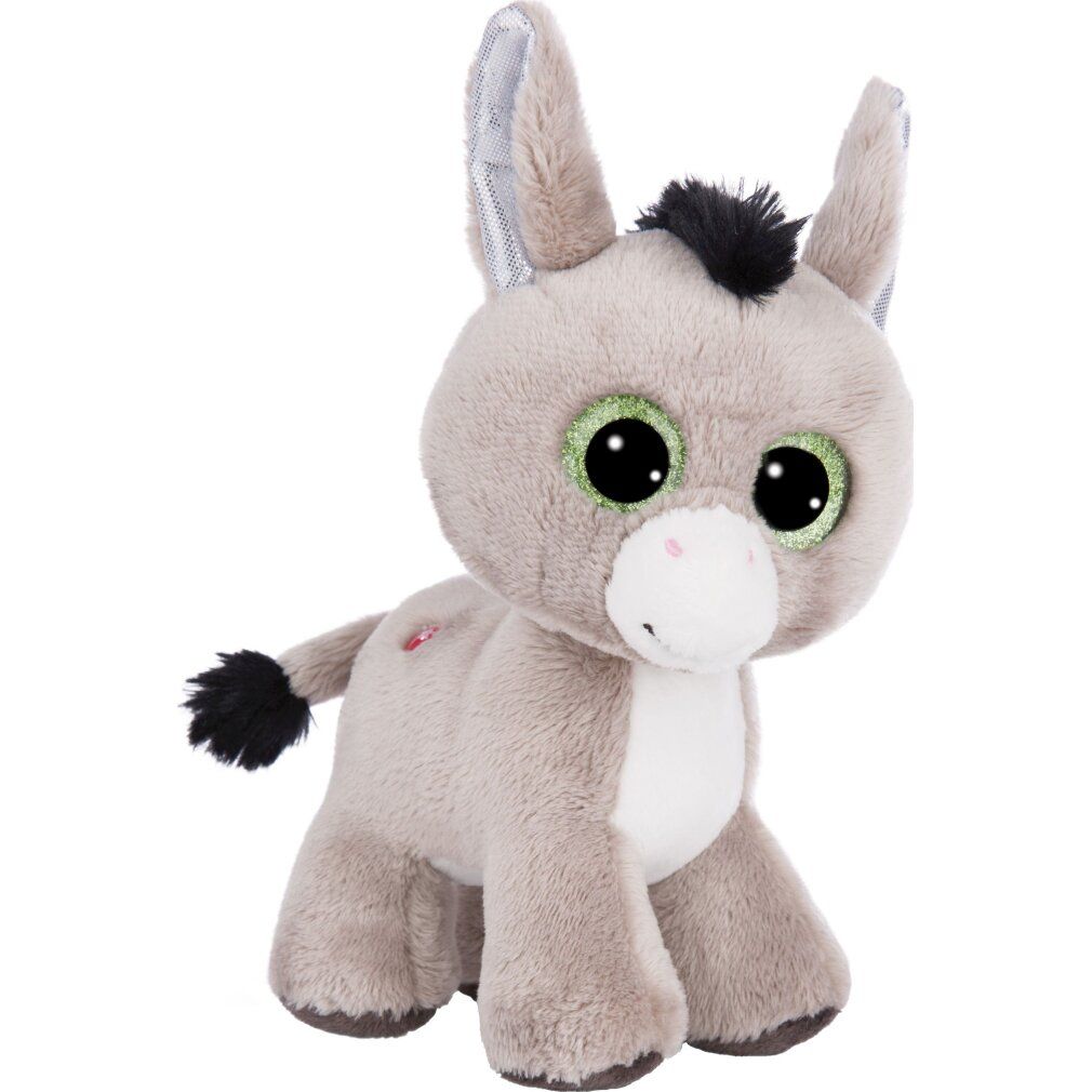 Asino di peluche grigio, occhi grandi. Criniera e coda nere. Macchia rosa sul corpo. Orecchie con tessuto argentato.