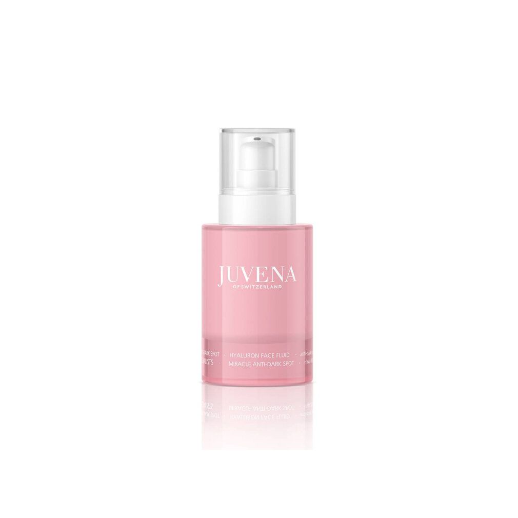 Flacone rosa con erogatore bianco. Scritta: Juvena of Switzerland, Hyaluron Face Fluid, Miracle Anti-Dark Spot.