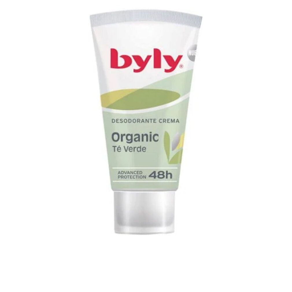 Tubo bianco con elementi verdi. Scritta "Byly", "Desodorante Crema" e "Organic Té Verde".