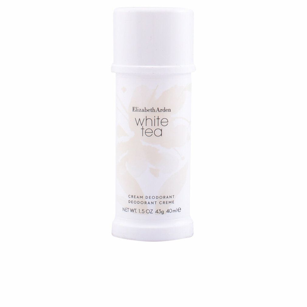 Stick crema deodorante bianco Elizabeth Arden. Coperchio e contenitore bianchi, motivo floreale e testo.