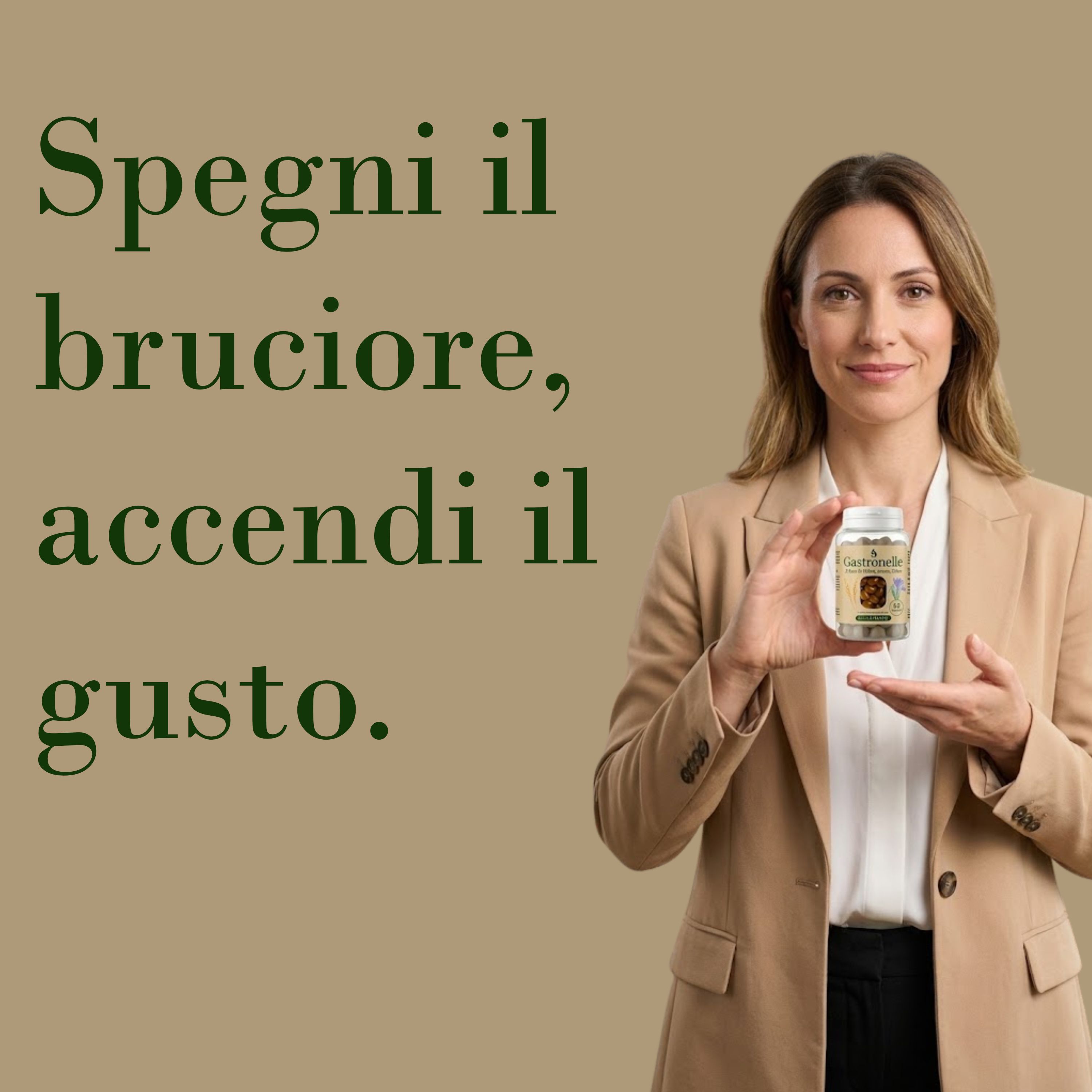 Una donna tiene in mano un barattolo di caramelle gommose. Testo: Spegni il bruciore, accendi il gusto.