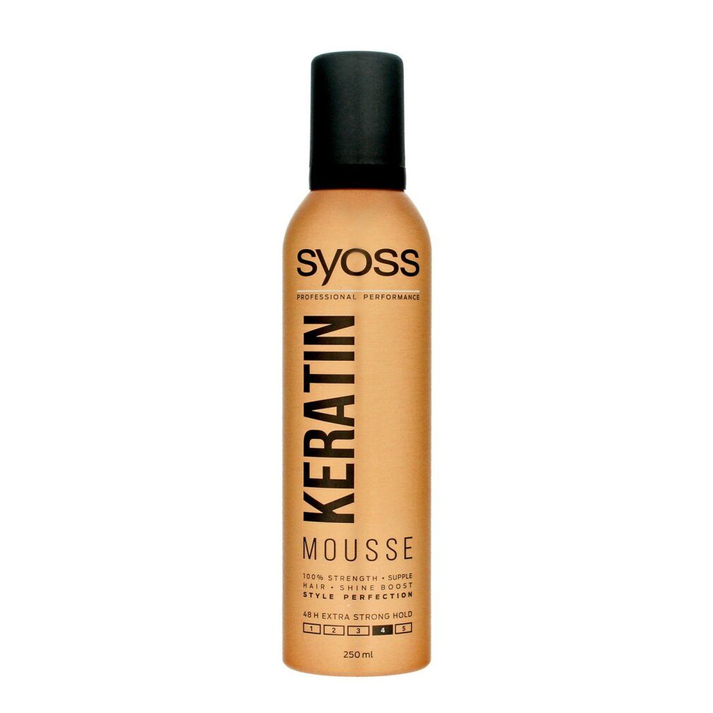 Flacone di mousse per capelli. Corpo dorato, tappo nero. Scritta: Syoss, Cheratina, Mousse. 250ml.