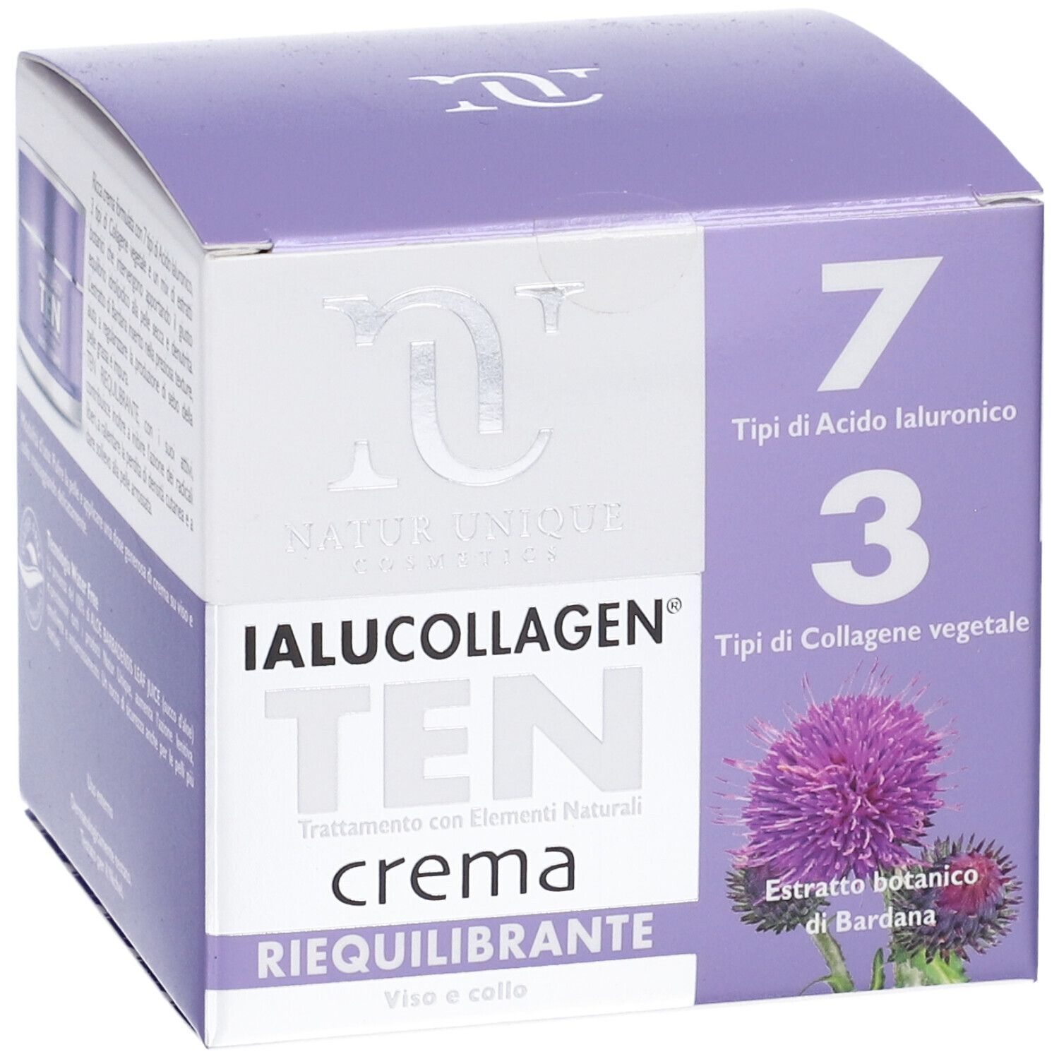 Confezione Ialucollagen Ten Cream. Contiene 7 tipi di acido ialuronico e 3 di collagene vegetale. Immagine di fiore di cardo.