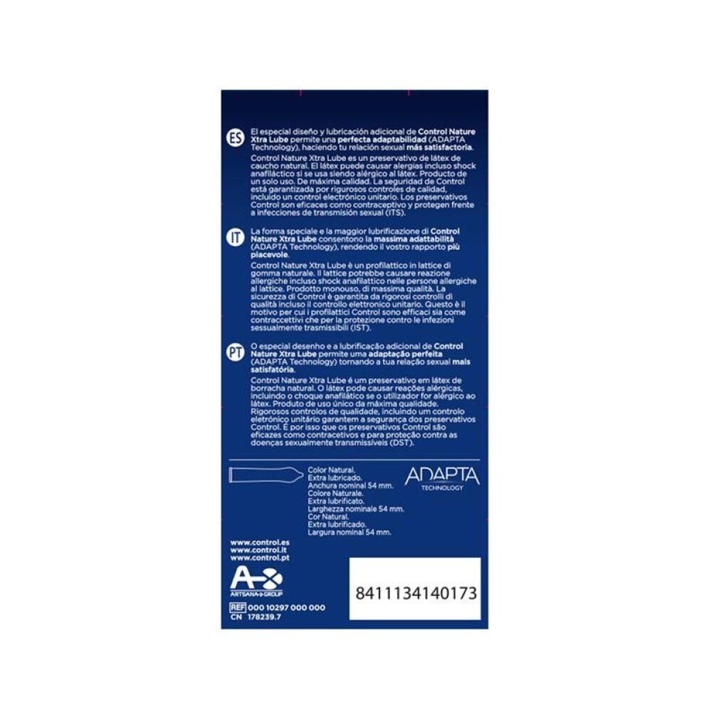 Confezione da 12 preservativi Control Nature Xtra Lube. Scatola blu con simbolo a goccia d'acqua.