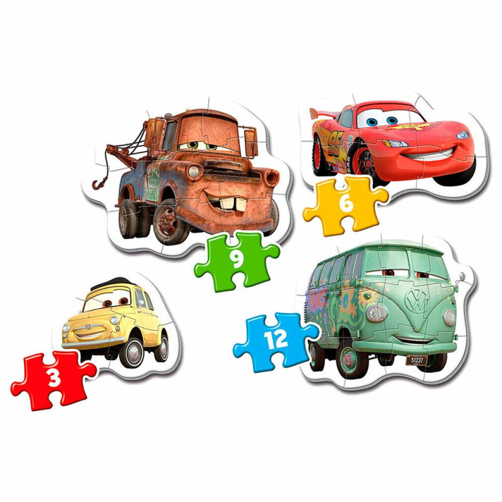Quattro puzzle con auto del film Cars. Ogni puzzle ha un numero diverso di pezzi: 3, 6, 9 e 12. Singoli pezzi del puzzle.