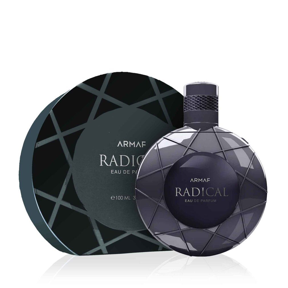 Flacone e scatola blu scuro. Scritta: ARMAF RADICAL Eau de Parfum. Design geometrico.