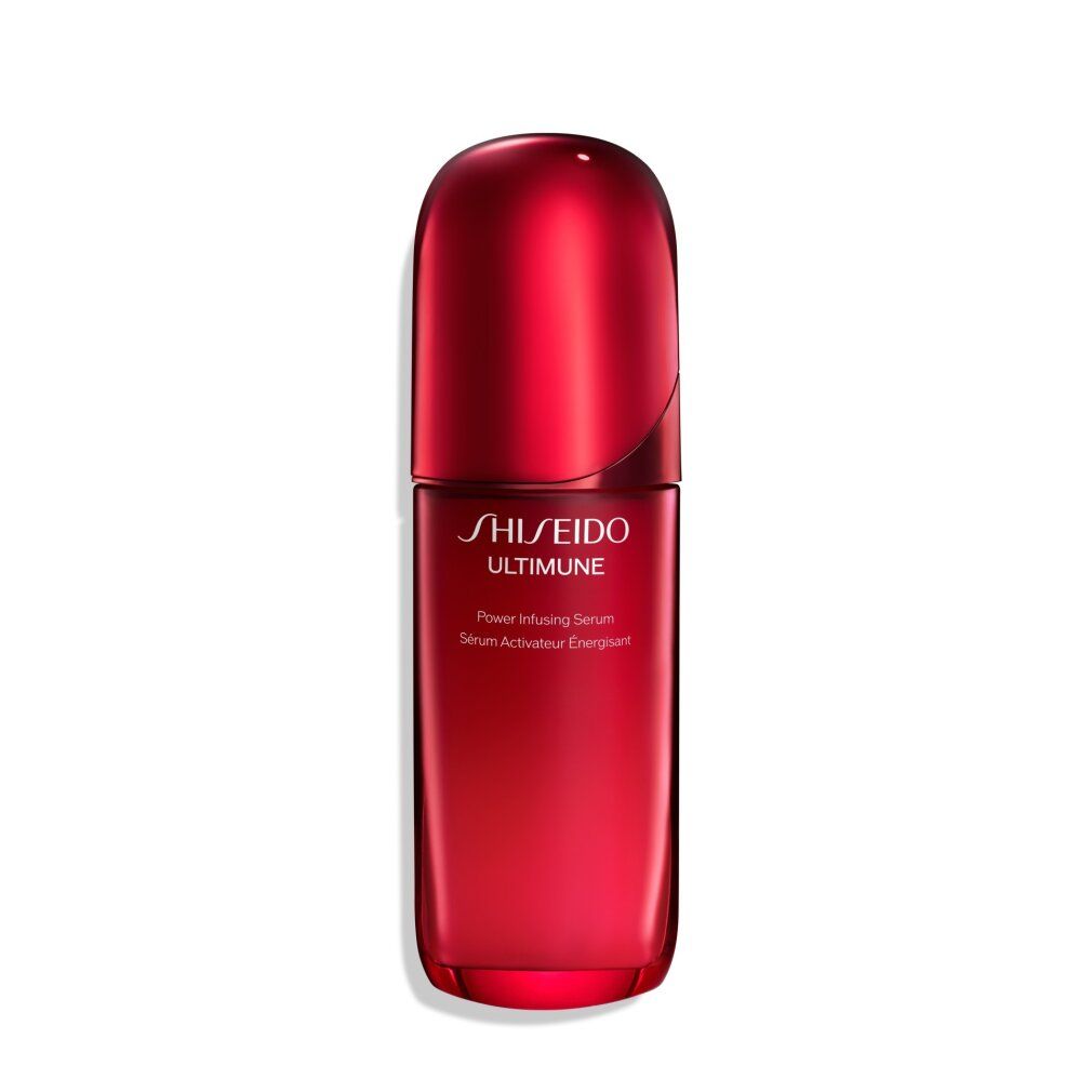 Flacone rosso con tappo rosso. Scritta: SHISEIDO ULTIMUNE. Power Infusing Serum. Serum Activateur Energisant.
