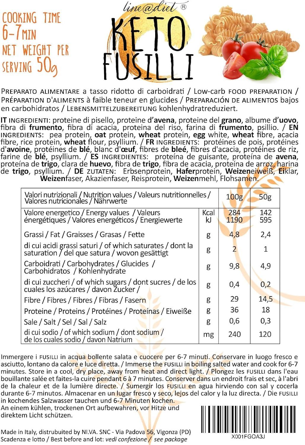 Confezione pasta Keto Fusilli con informazioni nutrizionali e preparazione.